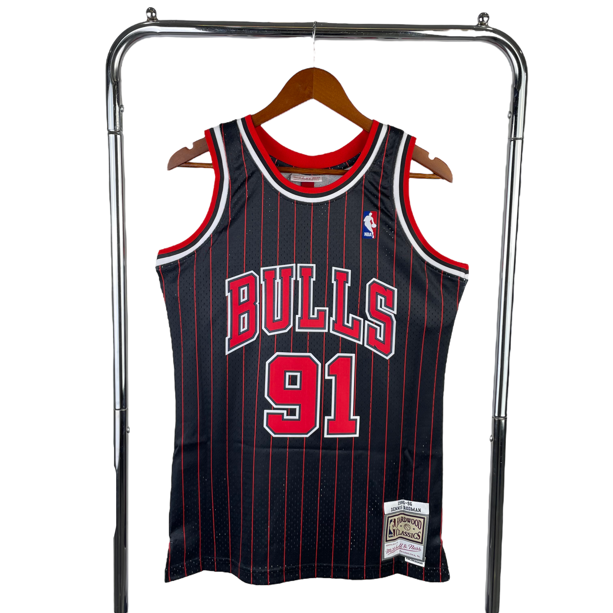 1995-96 Chicago Bulls (Dennis Rodman) Black Striped Classics Jersey